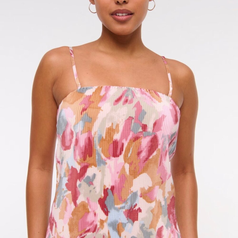NWT A&F Giselle Pleat Release Satin Midi Dress Pink Pattern Multicolor Medium - Picture 3 of 15